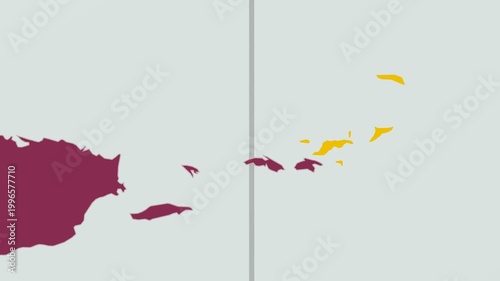 British Virgin Islands map. Animated zoom into the country on the Globe in Pale Mint Dark Pink color palette. Country logo animation with round text and airplanes. Map with meridians, parallels.