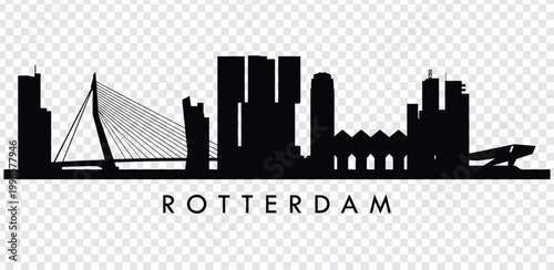 Black silhouette of rotterdam city skyline with bridge and buildings