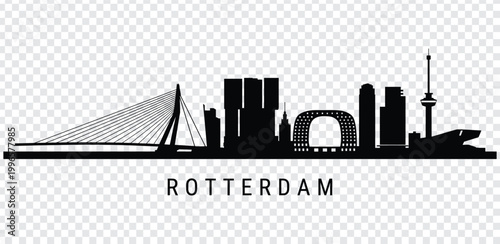 Black silhouette of rotterdam city skyline with famous landmarks and bridge