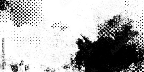 Black and White Grunge Vector Background with Halftone Texture and Ink Splatters