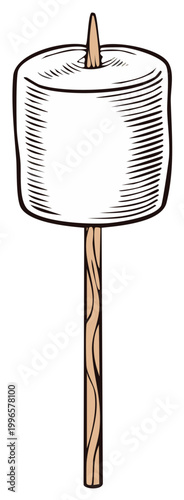 Hand drawn vintage style marshmallow on a wooden stick illustration for campfire roasting and s'mores