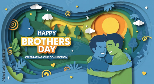 Brothers day paper cut art style illustration with forest landscape
