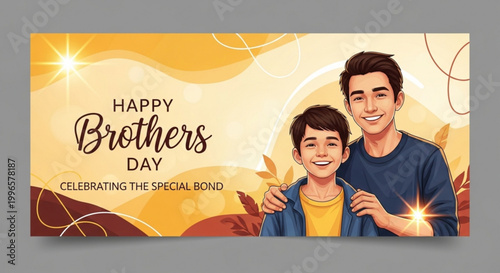 Brothers day greeting card with two brothers on golden abstract background
