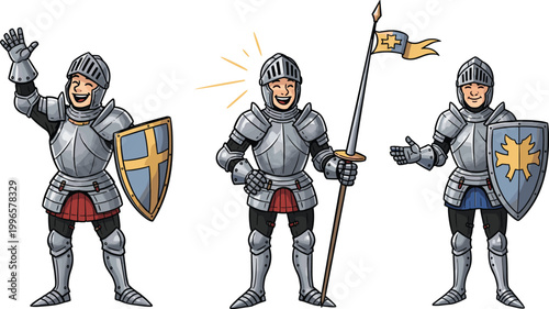 Medieval knight vector illustrations with shields and weapons