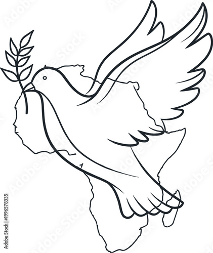 Dove carrying olive branch flying over African continent in elegant line art