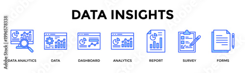 Data Insights  Banner Web  Icon Set Collection Pack Vector Illustration Concept Containing Data Analytics, Data, Dashboard, Analytics, Report, Survey, Forms