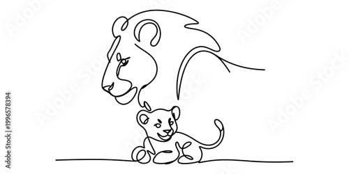 Continuous single line drawing of a mother lion and her cute baby cub Vector, illustration