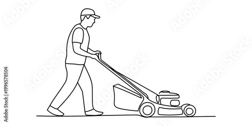 A man in a baseball cap pushing a lawn mower to cut the grass in a continuous line art drawing style Vector, illustration