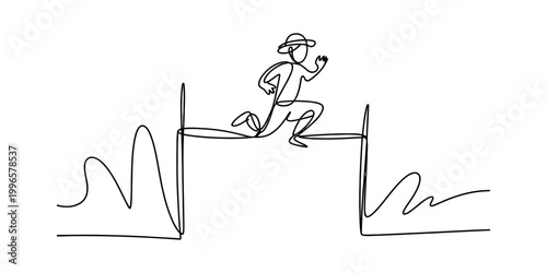 A single continuous line drawing of a person jumping over a hurdle representing success and overcoming obstacles in business and life Vector, illustration