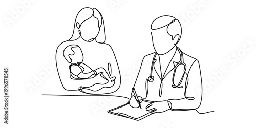 Continuous one line drawing of a mother holding her baby at a doctor appointment Vector, illustration