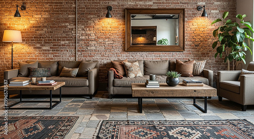Cozy Living Room with Exposed Brick Walls and Comfortable Sofas