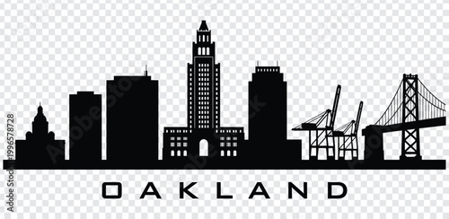 Konstfotografi Black silhouette of oakland city skyline with bridge and cranes