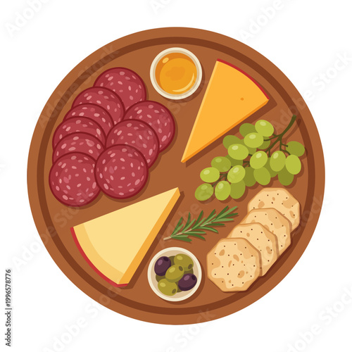 Delicious Charcuterie Board with Salami, Cheese, Grapes, Crackers, Olives, and Honey, Perfect for Appetizers.