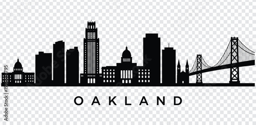 Black silhouette of oakland city skyline with bridge