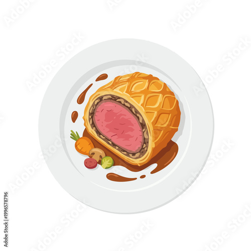 Delicious Beef Wellington with golden pastry and savory gravy, served with vegetables on a white plate.
