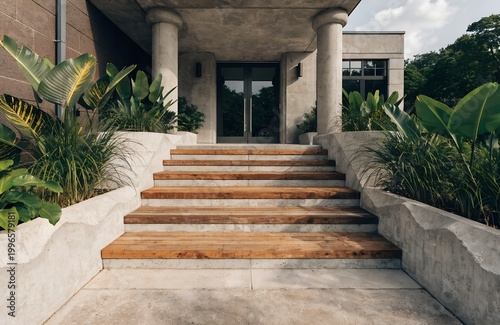 A modern building entrance with a staircase and columns, surrounded by lush greenery and tropical plants.