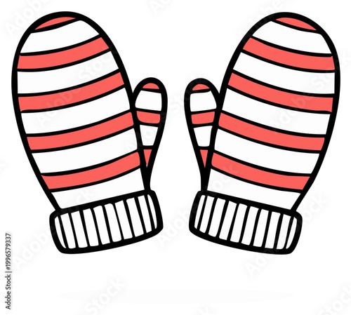 Pair of striped winter mittens illustration - cozy and warm handwear for cold weather season, white and red stripes