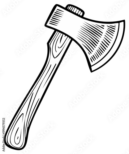 Detailed drawing of an axe with wooden handle for chopping wood