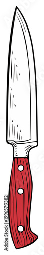 Illustration of chef's knife with wood handle, culinary utensil with steel blade