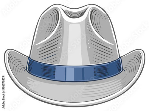Illustration of a stylish fedora hat with a blue band, isolated.