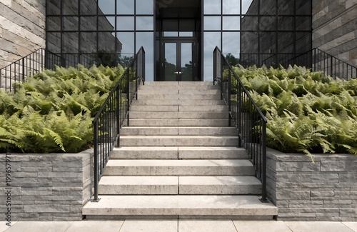 A modern building with a staircase and glass facade surrounded by greenery