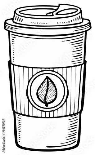 Black and white sketch of a disposable coffee cup with a leaf logo and protective sleeve