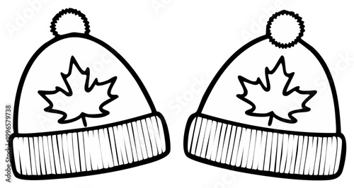 Two beanies with maple leaf design and pom-poms, winter wear