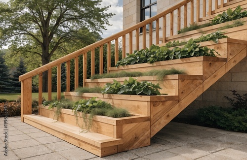 A wooden staircase with planters and railings leading up to a house with a garden in the background