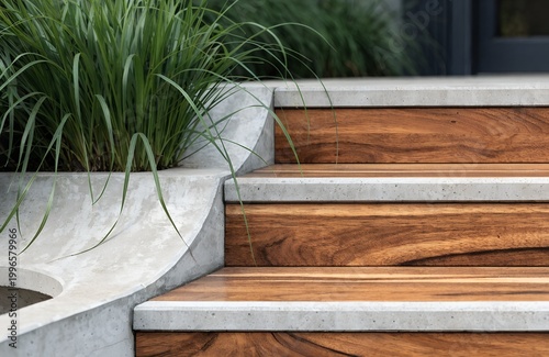 A modern outdoor staircase with wooden steps and a concrete planter with green grass