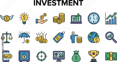 Investment finance icon set featuring money growth savings strategy stock market analysis and wealth management colorful vector collection