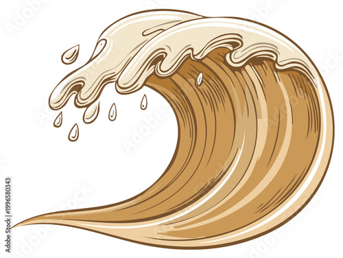 Brown and beige stylized wave illustration with water droplets.