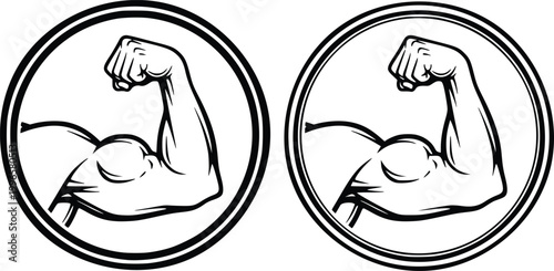 Two identical circular emblems featuring a flexing bicep arm in black and white line
