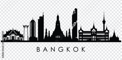 Black silhouette of bangkok city skyline with various buildings and towers