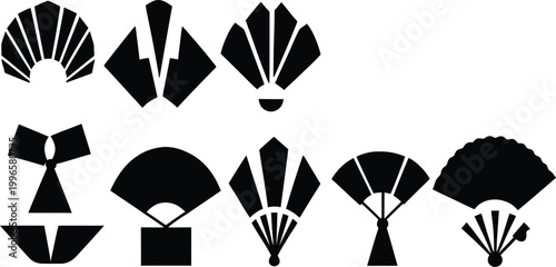Vector Paper Fan Icon Set Design for Asian Culture Illustration, Summer Cooling Tools, and Elegant Decorative Branding Projects