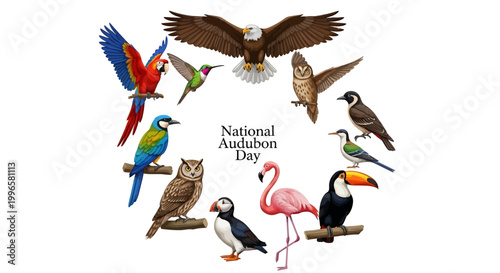 Colorful bird illustrations compose a vector design celebrating National Audubon Day, featuring various species like toucans, flamingos, and eagles, against a clean white background