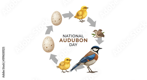 A colorful vector illustration celebrates National Audubon Day, showcasing the life cycle of birds in a circular arrangement, set against a clean white backdrop, promoting ornithology