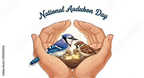 Vector illustration highlighting National Audubon Day, showing caring hands protectively cupping a nest with baby birds, a sparrow, and a blue jay, promoting bird conservation awareness