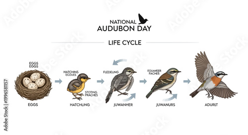 Illustrative vector design for National Audubon Day displaying the life cycle of birds, from egg to adult, showcasing stages with arrows on a clean white background, promoting bird