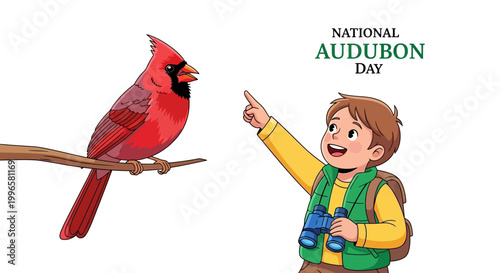 A cheerful boy with binoculars observes a bright red cardinal perched on a branch for National Audubon Day in a colorful ornithology illustration against a clean white background, promoting