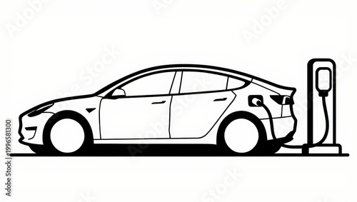 Black line art drawing of electric car at charging station