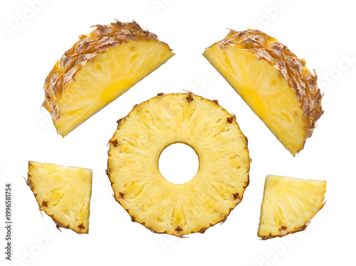 Vibrant photograph of fresh pineapple slices and wedges, beautifully arranged and isolated on transparent background.