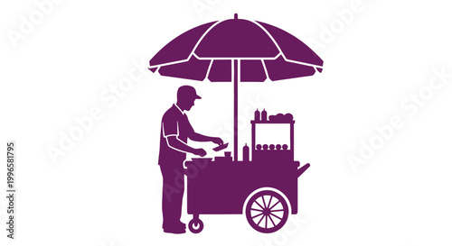Vendor Serving Drinks from Cart Under Umbrella.