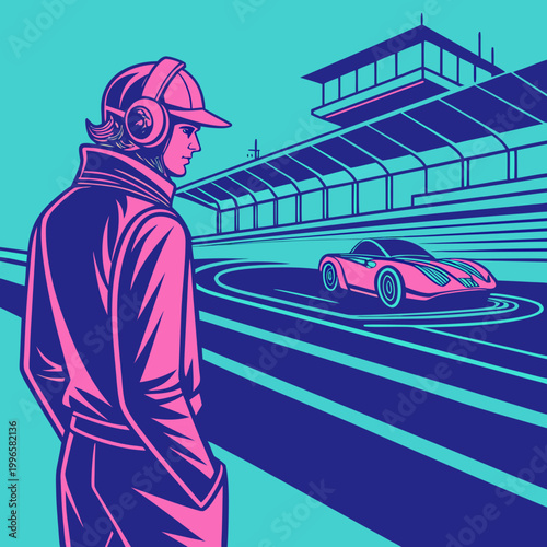 Retro Vector Illustration of Man Watching Sports Car on Race Track