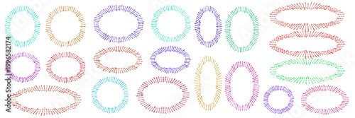 Hand-drawn colorful sunburst oval frames for boho wedding invitations and bullet journal doodles