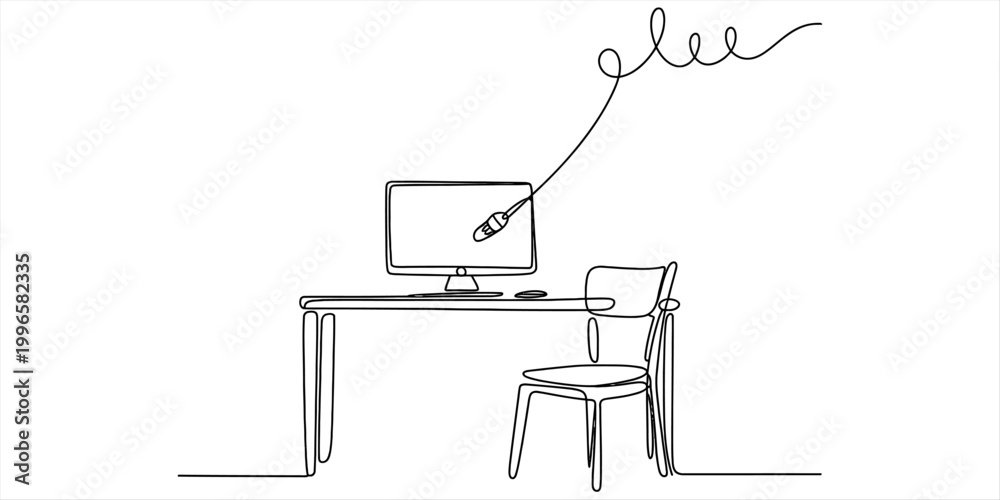 Fototapeta premium Continuous single line drawing of a computer monitor on a desk with a chair in an office workspace setup Vector, illustration