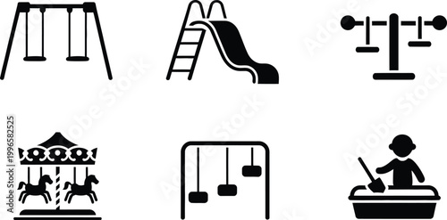 Playground equipment icons a black and white collection for recreation and fun