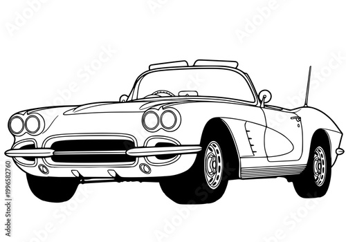 Vintage American sports car line art illustration, classic convertible 1960s roadster vector sketch
