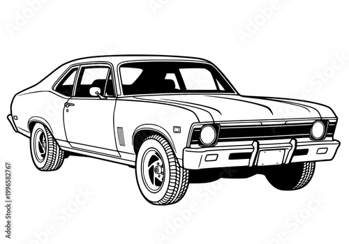 Classic American muscle car line art illustration, vintage 1970s coupe vector