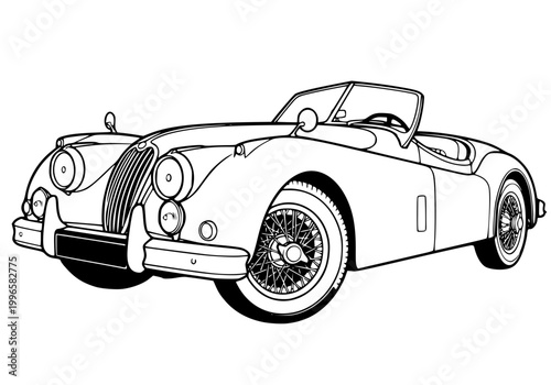 Vintage European classic sports car line art, 1950s luxury convertible roadster vector illustration