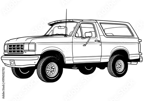 Vintage 1980s off-road SUV line art, classic 4x4 truck vector illustration, retro all-terrain vehicle